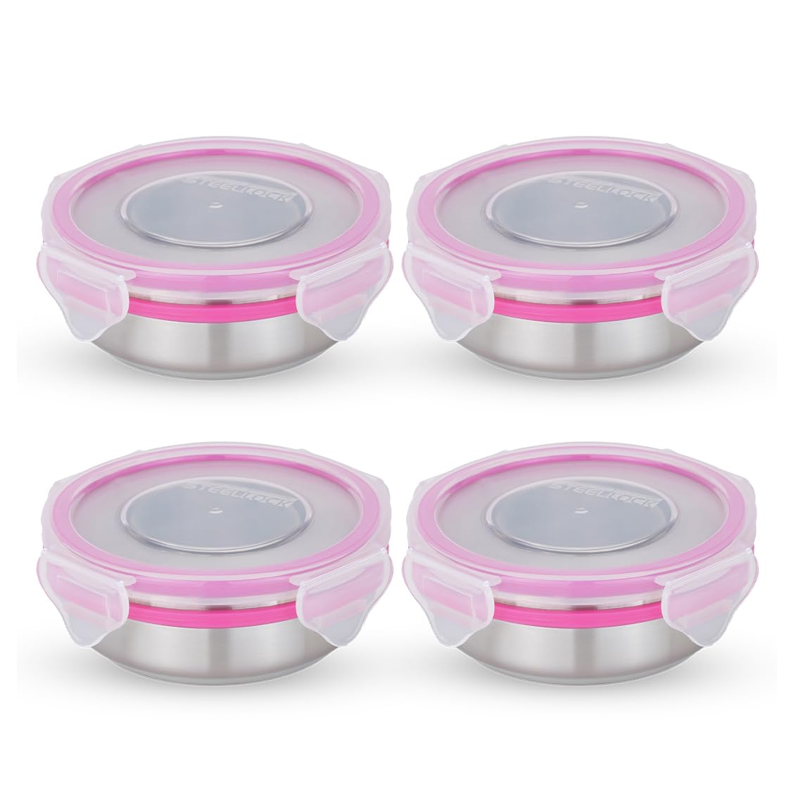 STEELLOCK Stainless Steel Airtight Container with Lid | Leakproof, BPA-Free | Multipurpose Food Storage Containers/Tiffin/Dabba for Office, School & Kitchen | SL-1200-set of 4, 150ml each, Pink