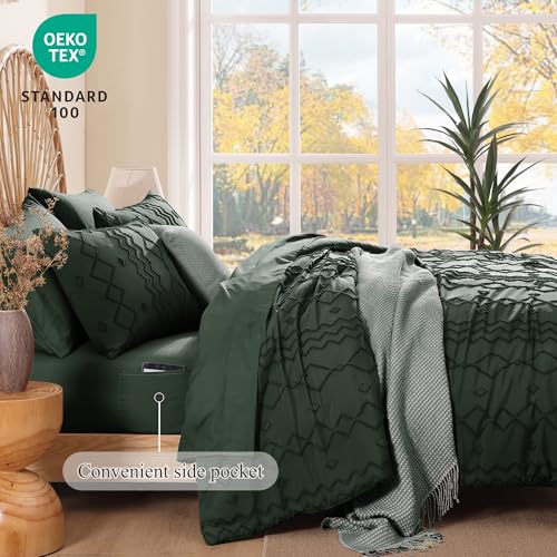 Image of AMBERSPACE Full Size Comforter Set Dark Green, Tufted Boho Bedding Farmhouse Bed Set, All Season 7 Pieces Bed in a Bag with Sheets, Pillowcases & Shams