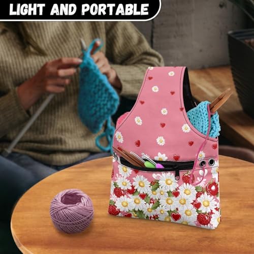 Image of KUIFORTI Daisy Knitting Yarn Bag Floral Yarn Bags for Crocheting on The Go Crochet Storage Bag for Women Girls at Home Travel Yarn Tote for Knitting Needles Floral Print Home Gifts
