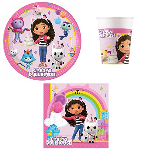 Procos PRO10245291DY - Conjunto de festa S Gabby's Dollhouse, conjunto de 52 peças, pratos, copos, guardanapos, louça descartável, conjunto de louça