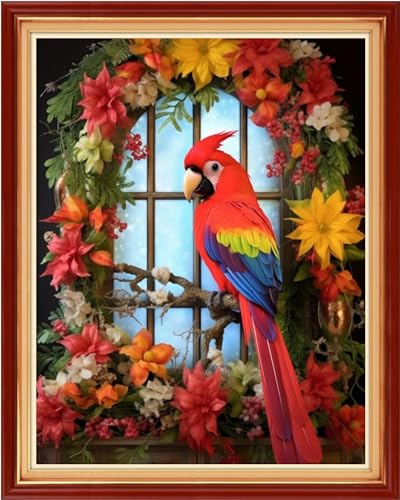 Image of Dooxvey Cross Stitch Kits for Adults Stamped Full Range of Embroidery Starter Kits for Beginners 11CT Printed Cross Stitch Patterns Needlepoint Kits Stamped Crossstitch-Wreath Parrot 16x20 inch