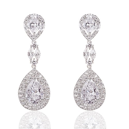 Wordless Love Genuine Rhodium Plated Cubic Zirconia Teardrop Bride Wedding Dangle Pierced Earrings Clear