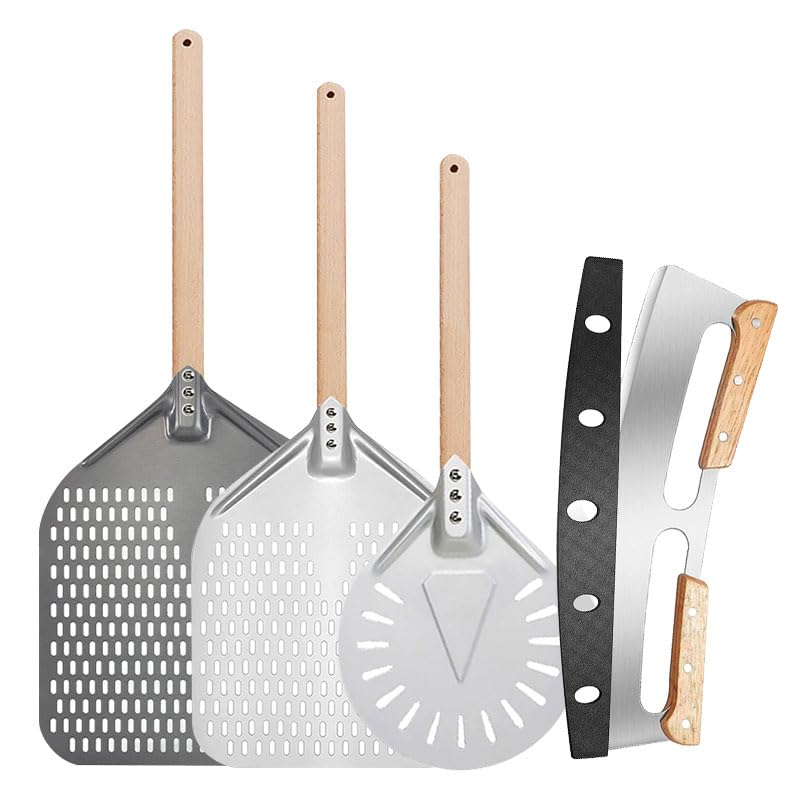 Pala per Pizza in Alluminio Perforata da 12/14 Pollici con Manico Staccabile, Antiaderente, spatola per Cottura al Forno, spatola, Accessori per Pizza (Rotondo da 7 Pollici) (Argento da 30 cm)