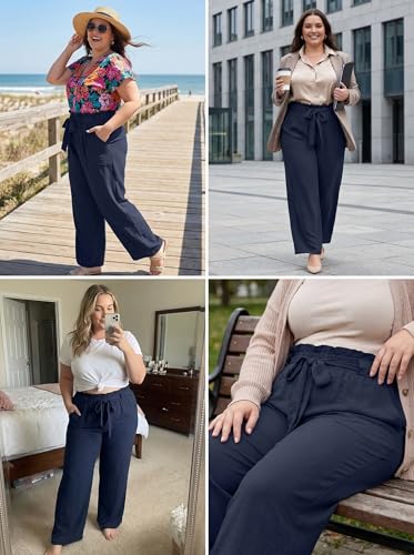 Image of OLRIK Women's Plus Size Pants Adjustable High Waisted Wide Leg Palazzo Pants Casual Trousers with Pockets Spring Clothes