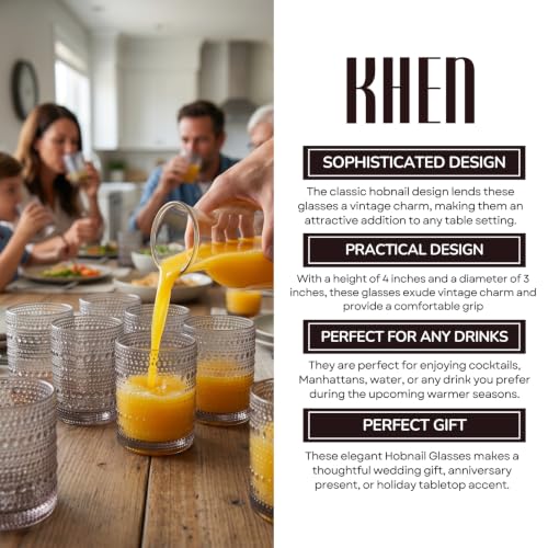 Image of Khen Beaded Tumbler Drinking Glasses Set | Set of 6 | Vintage Hobnail 11 OZ Bubble Design Whiskey Glassware, Old-Fashioned, Embossed Design Glass for Water, Wine, Cocktail HAND WASH ONLY (Grey)