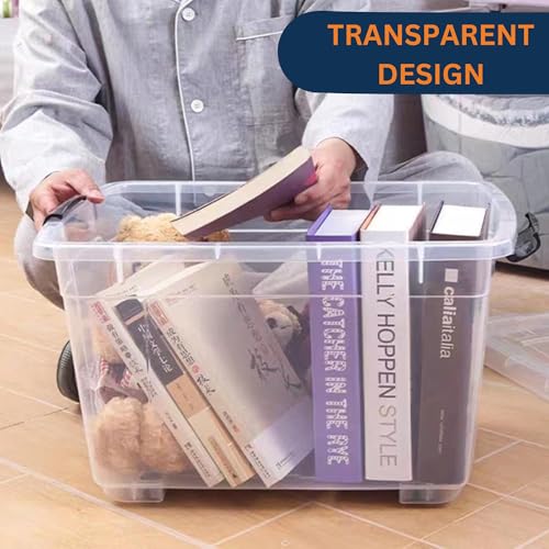 Image of Clear Heavy Duty Bulk Storage Container with Lids Pack of 4, 52 Litre | Stackable Plastic Bins with Handles & Rolling Wheels | BPA-Free, Multi-Purpose for Kitchen, Pantry, Office, or Garage