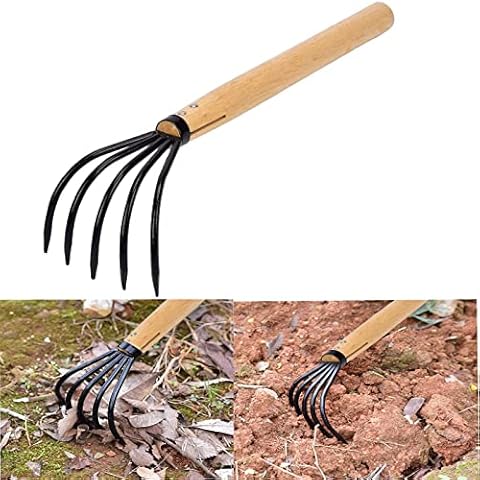 LANYOTA Garden Claw Rake, Handle Rake Weeding Tools, 42cm Long Handle 5 Tines Steel Rake Cultivator Digging Tool for Garden Cover