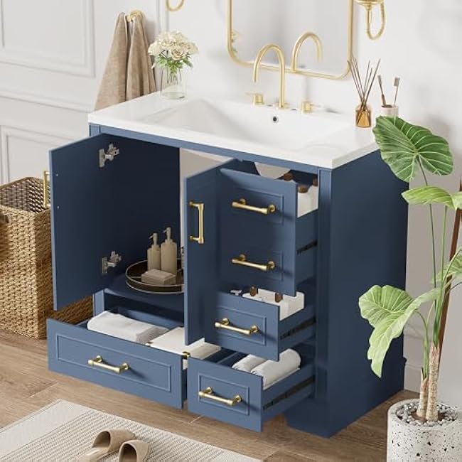 Modern 36 Bathroom Vanity with Sink, Wood Bathroom Vanities with 4 Drawers of Different Sizes, Soft-Closing Door, Open-Back Design, Metal Handles (White-39N)