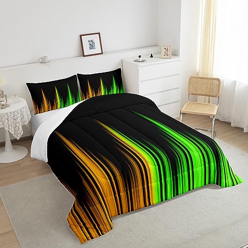 Image of Ombre Comforter Set Queen Size, Abstract Striped Duvet Set for Kids Toddler, Green Yellow and Black Microfiber Bed Set, Room Decor