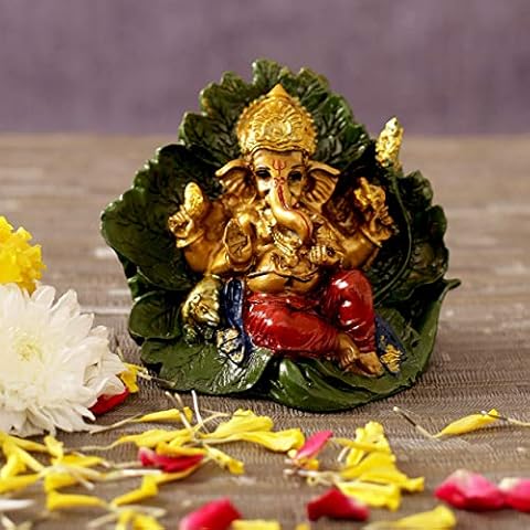 TIED RIBBONS Ganesha Idol Ganesha On Leaf Hindu God Statue Indian Elephant Buddha Ganesha Sculpture India Home Decor Temple Mandir Pooja Item Indian Wedding Return Gifts Housewarming Cover
