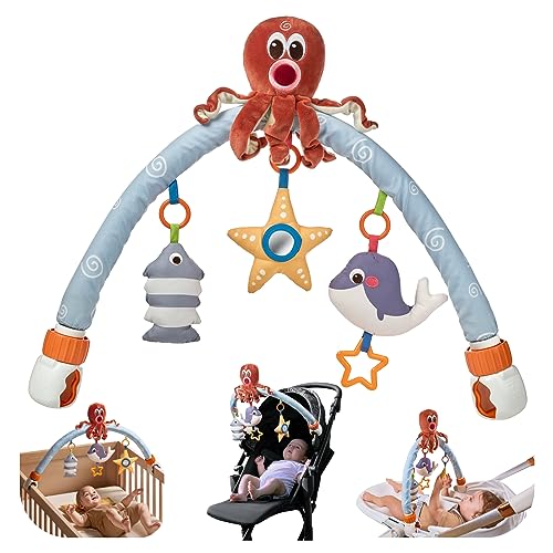 TUMAMA KIDS Bebé Arco Cochecito Juguetes, Peluche Pulpo Sonajero Colgante Juguete Sensorial con Espejo, Clip en Cuna Juguete, Viaje Arco de Juego Cochecito Regalo para Bebés 0 3 6 9 12 Meses