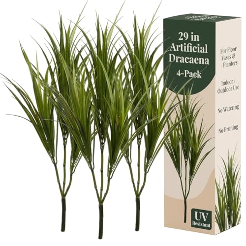 Larksilk 29 Artificial Dracaena Marginata Plants 4-Pack - Realistic Faux Tropical Greenery for Floor Vases Planters Home & Office Decor
