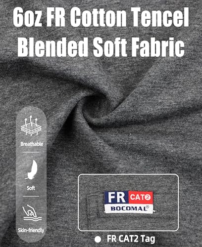 Image of BOCOMAL FR Shirts for Men Long Sleeve EX Soft Flame Resistant Henley CAT2 | NFPA2112 6oz Midweight Cotton Knit Heather Series,Moisture-Wicking /Breathable,Chest Pocket,Rib-Knit Cuffs,Summer Work T Shirt