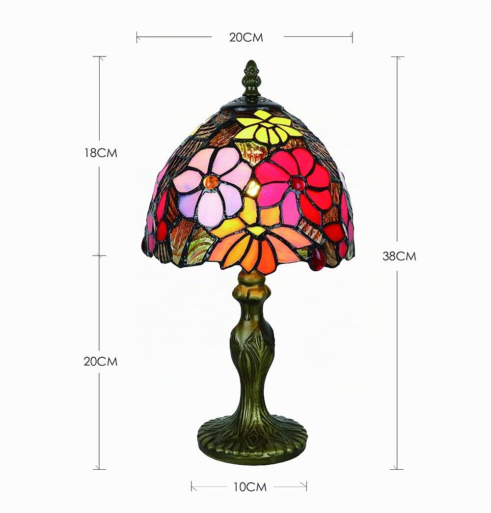 Tiffany Tischlampe, Glasmalerei Vintage Klein Tischlampe, E14 Rote Blume Kinderzimmer Deco Nachtlicht, Jugenstil Dellemade Tischlampe Schlafzimmer/Wohnzimmer [Ohne Glühbirnen]