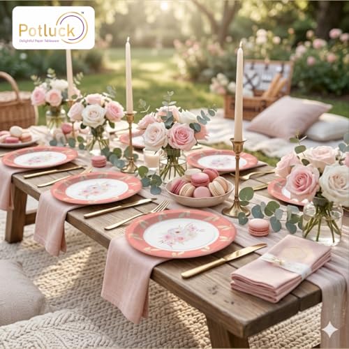 Image of Potluck Peach Floral Disposable Paper Plates | 9 Inch Food Grade Tableware for Parties | Events, Snacks & Meal Serving