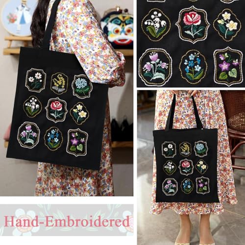 Image of PATPAT DIY Embroidery Canvas Tote Floral Embroidery Canvas Shoulder Bag Artcraft Material Pack With 35x33Cm Bag & Color Yarns,Needles,Hoop And Tools DIY Book,Black