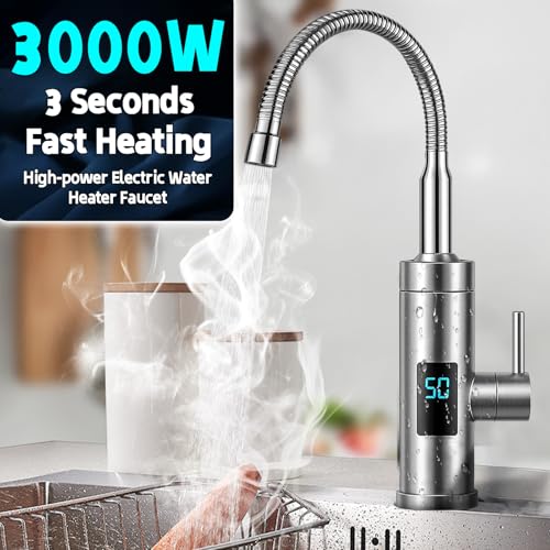 Elektrischer Wasserhahn mit Durchlauferhitzer,2025 Upgrade 220V 3000W 360° Edelstahl Heiß- Und Kaltwasserhahn mit LED Temperaturanzeige, Max.60℃ Heizung Smart Heater Wasserboiler für Küche Wohnwagen