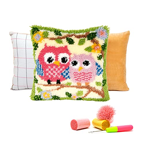 Image of clubevy DIY Latch Hook Kits Pillow Case Embroidery Carpet Set Needlework Pillow Cover Sofa Cushion Cover Craft Kits 17x17 inch (Owl 2)