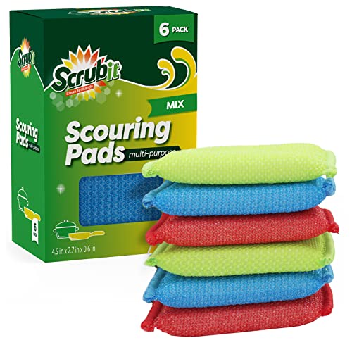 SCRUBIT Multi-Purpose Scouring Pad - Non-Scratch Cleaning Sponges for Pots Pans Dishes Utensils & Non-Stick Cookware - Scrubbing Pads Use for Kitchen Bathroom - 6 Pack Dish Sponge - (Colored)