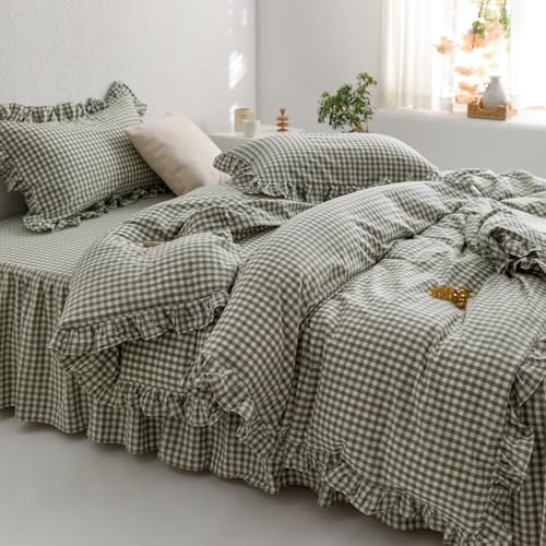 Image of MKXI Sage Green Gingham Duvet Cover Full, 3-Piece Ruffled Bedding Set - 100% Washed Cotton, Breathable Lightweight Fabric - Farmhouse Boho Chic Style Comforter Cover