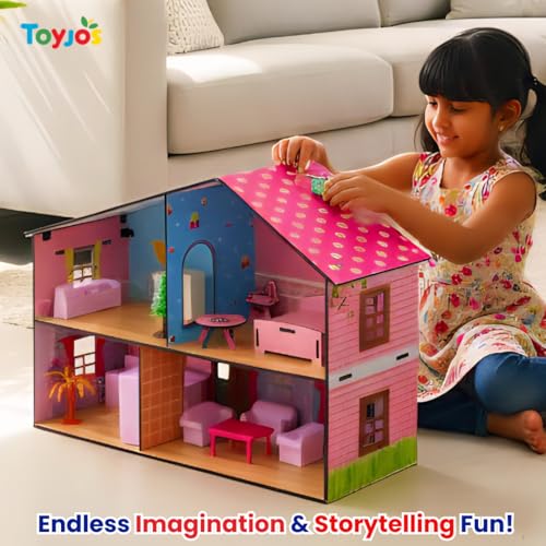 Image of Girls Wooden 2 Storey Dollhouse | Kids DIY Pretend Playset with Moveable Furniture and Multiple Sticker Sheets | Birthday Gift Playhouse for Children (Pink, Age 3-10 Years)