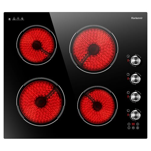 Placa Vitrocerámica de 4 Fuegos, Vitroceramica Empotrada de 60 CM, 6000 W, Controles táctiles y Perillas, con Bloqueo de Seguridad, Temporizador, Función de Pausa