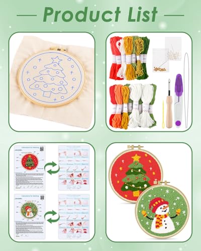 Image of ERKOON Christmas Punch Needle Kit Adults Beginners, 2 Pcs DIY Easy Embroidery Set for Starter Art Craft, Needling Punch Project with Patterns, Tools, Yarns, Hoop, Instruction (ChristmasTree & Snowman)