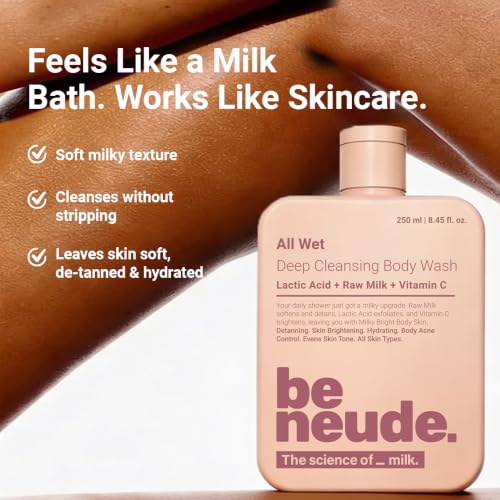 Image of All Wet 250ml De-Tan Body Wash with Milk, Lactic Acid, Vitamin C for Skin Brightening, Dark Spot & Pigmentation Reduction; Deep Cleansing Shower Gel Prevents Dryness for Men & Women - Pack of 2