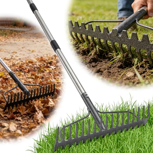 Bow Rake , 2-in-1 Heavy Duty 63in Metal Garden Lawn Rake for Weeding Digger Loosening Soil Raking Leaf Leveling Rocks Spreading Mulch Gravel 17 Tines Adjustable Garden Rake(4jie)