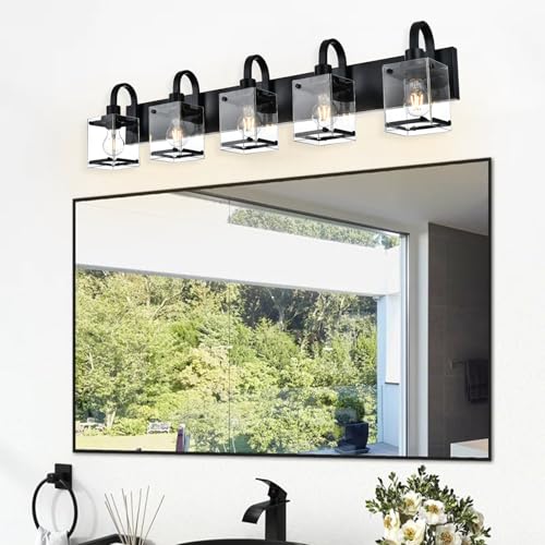 Image of 5 Light Vanity Light Bathroom Lighting Fixtures,Black Cage Vintage Wall Sconces Lighting,40.2 Inch Bath Wall Mounted Lights with Clear Glass Shade Bathroom Vanity Light for Living Room