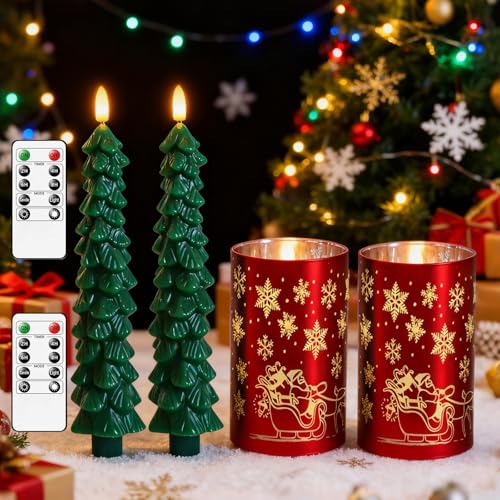Image of Lezonic Christmas Flameless Candles with Remote, Green Christmas Tree Flickering Battery Operated Window Candlesticks, Red Glass Xmas New Year Decorations Gifts, Set of 4 Real Wax LED Candles