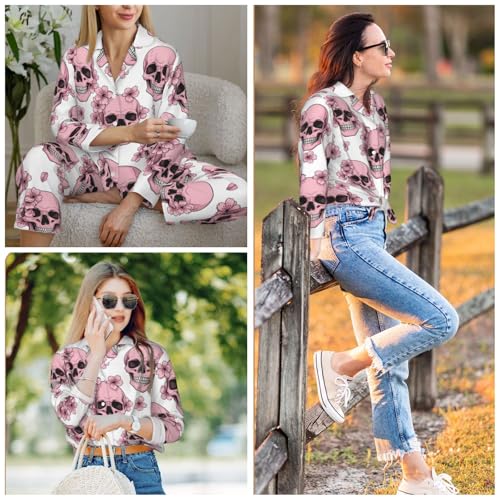 Image of Women'S Long Sleeve Pajama Set Soft Loungewear Button-Down Top & Elastic Waist Pants S- 2XL