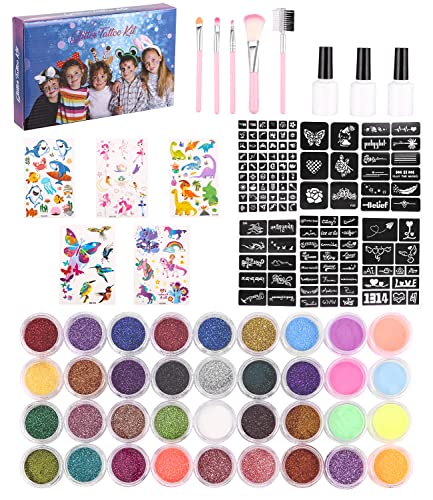 JOSPL Kit Tatouage Paillettes-avec 36 Couleurs,Non-toxique Kit Maquillage de Tatouage Éphémères Temporaires,Motif D'autocollant 119,5 Pinceaux,Temporaire pour Cadeau Fille Garçon Adulte Fête