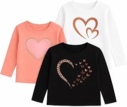 Luke and Lilly Girls’ Cotton Heart Print Full Sleeve Round Neck T-Shirts – Pack of 3 (Coral Pink, White, Black) – Ages 2-14