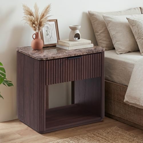 Image of 3 Sided Fluted Nightstand with Faux Marble Top, Mid Century Modern | End Tables Bedroom, Night Table, FSC-Certified, 1 Drawer & 1 open Shelf, Rounded Corner, Metal Handle, Dark Oak