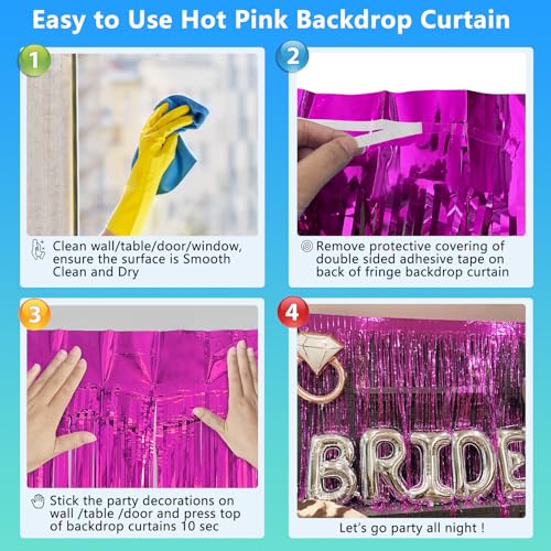 Image of 2 Pack Hot Pink Backdrop Party Decorations Tinsel Foil Fringe Curtain Backdrop Streamer Photo Booth for Wonmen Girl Pink Theme Princess Bachelorette Graduation Birthday Party Decorations