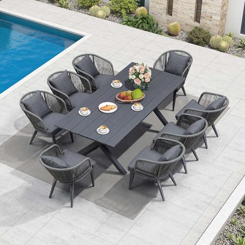 Image of PURPLE LEAF 9 Pieces Patio Dining Set Wicker Outdoor Furniture Rectangular Table and Chairs Set for Garden Deck Aluminum Frame Backyard Kitchen Set, Cushions and Pillows Included Grey