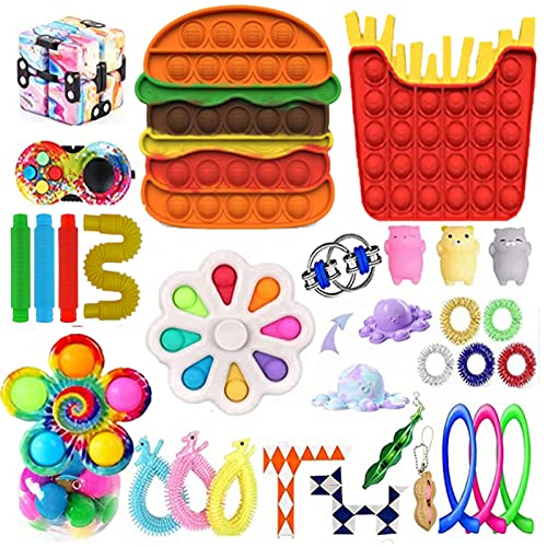 30pcs Fidget Packs Anti-Anxiety Tools, Pop-in-It Fidget Block Set Stress Relief Toys for Adults, Cheap Sensory Fidget Toy Pack with Marble Mesh Anxiety Tube Fidgetet Packs (E3)