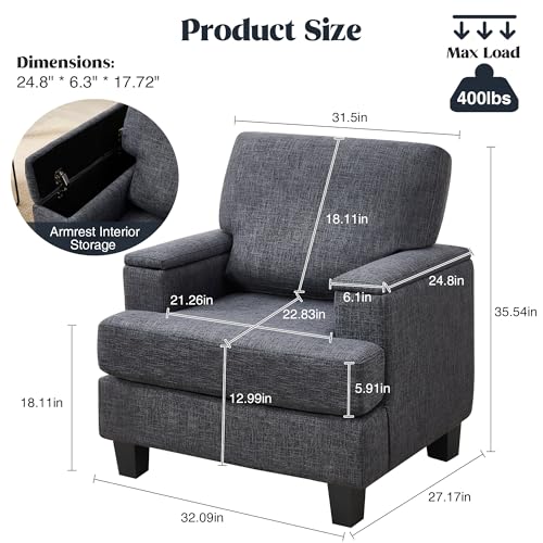 Image of Accent Chairs with Armrest Storage, Modern Reading Chairs, Upholstered Comfy Large Armchair (Dark Grey)