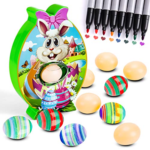 Bunny Easter Egg Dyeing Kit Coloring Decoration Egg Dye Decorating Spinner Machine with 8 Dying Markers 10 Plastic Eggs, Easter Crafts Arts Decorator Easter Toy Gifts for Kids Toddlers Party Favor