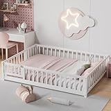 i-POOK Full Size Floor Bed for Children, Solid Wood Montessori Bed Frame with Fence & Door...