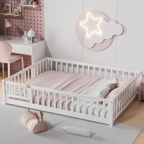 i-POOK Full Size Floor Bed for Children, Solid Wood Montessori Bed Frame with Fence & Door Montessori Floor Bed with Safety Guardrails for Girls and Boys, White (with Bed Slats)