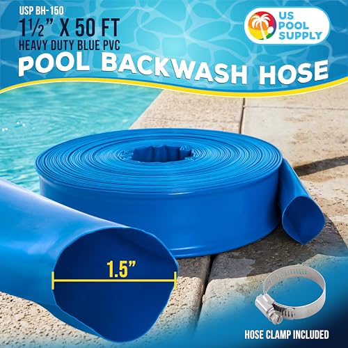 U.S. Pool Supply Pool Backwash Hose 1.5" x 50' - Heavy-Duty Pool Drain Hose, Filter Pump Water Drainage, Sump Pump Discharge, Inground Draining - Flexible Lay Flat, Clamp