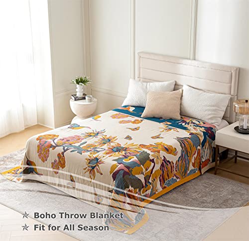 Boho Throw Blanket 100% Cotton Ultra Soft Bed Throw Large Summer Blanket Floral Bird and Butterfly Farmhouse Decor Bed Blankets,60"×80" All Season Blankets for Sofa Couch Chair - Image 5
