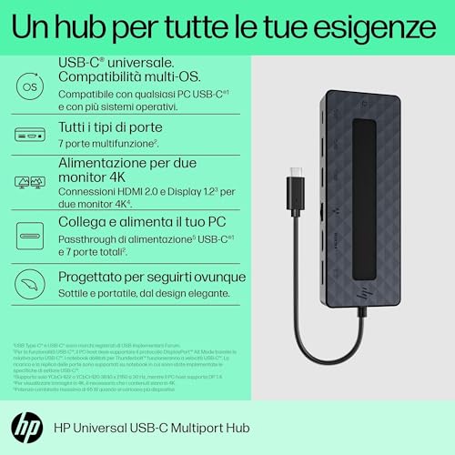 Hub Multi porta USB-C Universale, Compatibile con PC dotati di Porta USB-C, Power Delivery e DisplayPort, Nero - Hub USB - Immagine 4