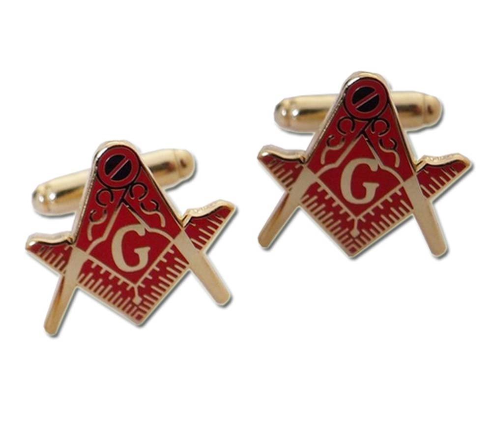 Mason Cufflinks - Red Masonic Emblem on Gold Color with Standard Freemasons Symbol. Freemason Regalia Merchandise for Masonic Lodge