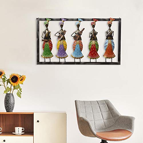Image of Ecraftindia Set of 5 Tribal Women Playing Different Musical Instruments Colorful Decorative Iron Wall Hanging, Orange, Blue, Green, Brown and Purple, One Size (Irlady506)