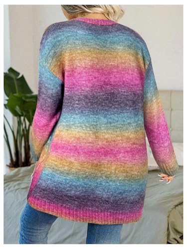 MakeMeChic Women's Plus Size Long Cardigans Rainbow Knit Open Front Crochet Colorful Cardigan Sweater2