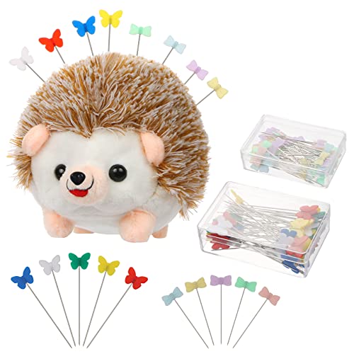 Benbo 1Pc Hedgehog Shape Pin Cushion With 100Pcs Flat Head Straight Pins, Butterfly Head Sewing Pins Colorful Straight Quilting Pins Sewing Needle Pincushions Quilting Holder Fabric Pin Cushion #TOP22