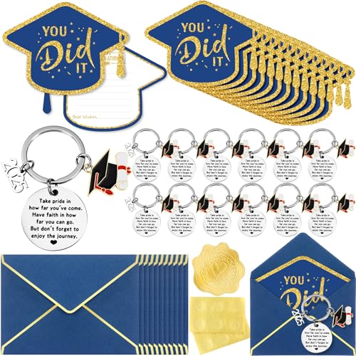 Motiskyy 12 Sets 2025 Graduation Gifts Bulk Include 12 Happy Graduation Card 12 Class of 2025 Keychain 12 A7 Envelopes 12 Gold Stickers College School Gifts for Him Her(Blue)